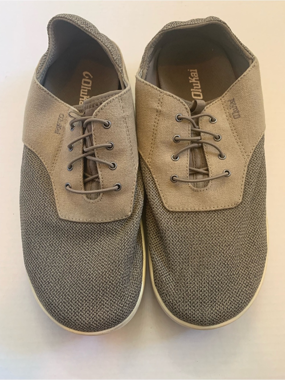 OluKai Men's Taupe and Light Brown Canvas Knit Sneakers Size 10.5